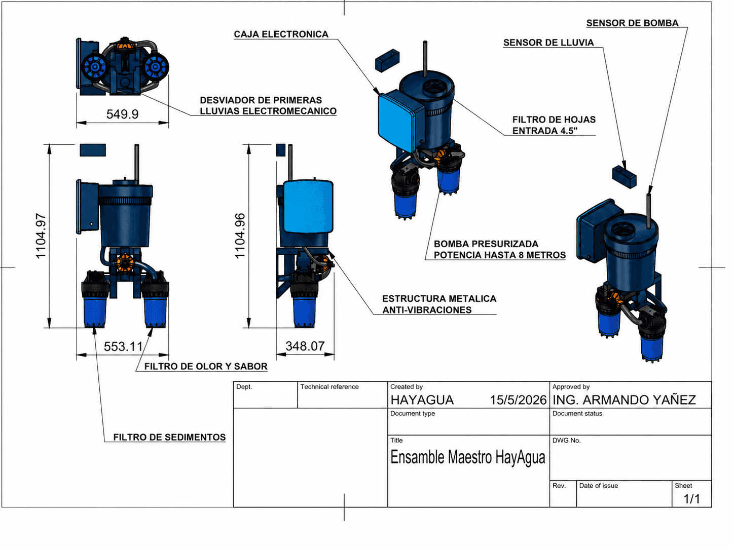 Plano técnico del ensamble ¡HayAgua! H20 con sus componentes: filtro de hojas, desviador de primeras lluvias, bomba presurizada, filtros de sedimentos y de olor y sabor.